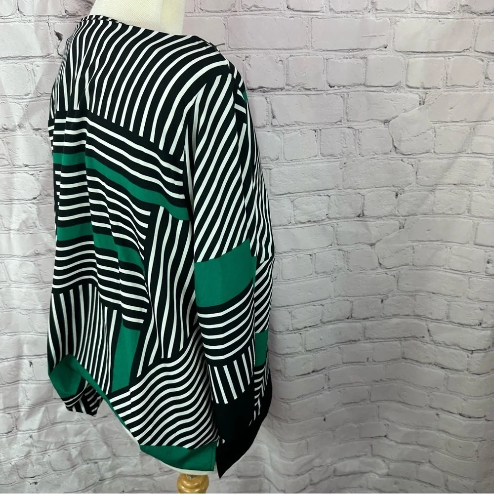 creation Striped Green Black tunic Top dolman sleeve sz 14 abstract asymetrical